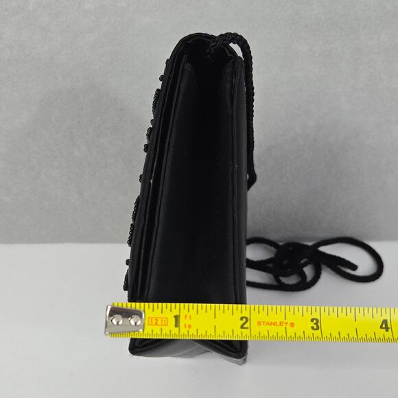 Black Beaded & Satin Square Snap Closure Clutch Purse with Corded Shoulder Strap - Picture 12 of 13
